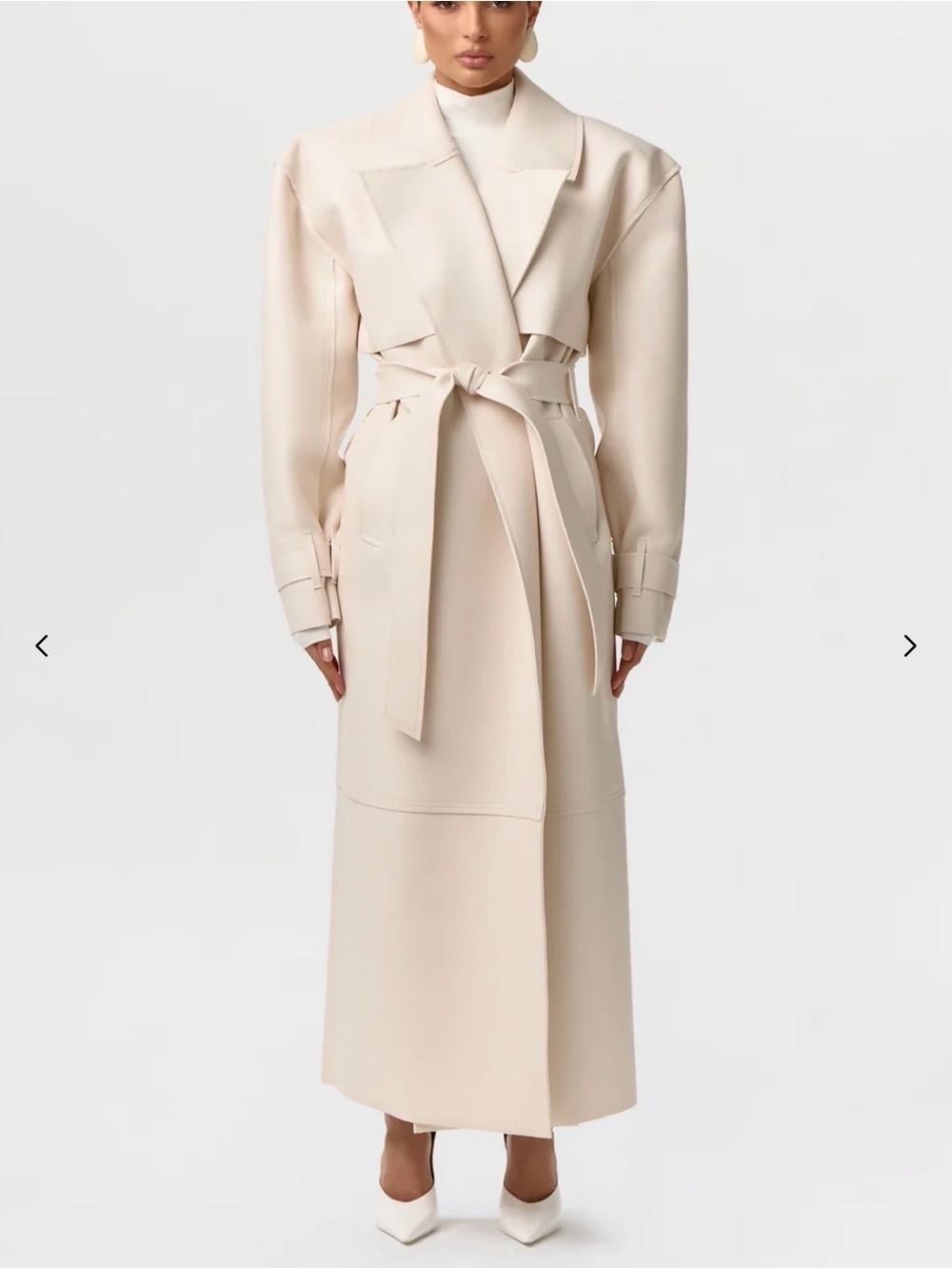Clean Lined Vegan Leather Minimalist Long Trench Weighted Statement Shoulder Pad